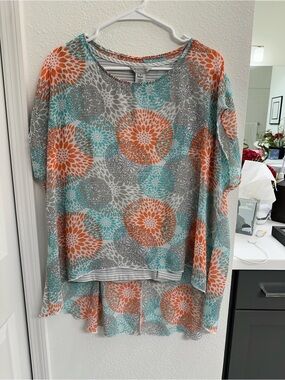 Multiples Floral Relaxed Tunic in Orange, Teal & Gray